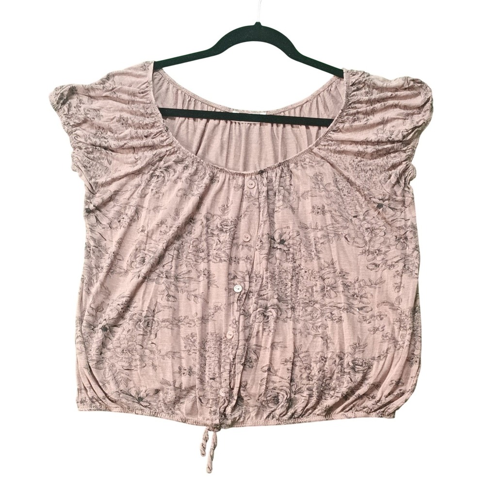 XL AGENDA cap sleeve soft flowy blouse top shirt gathered tan black fine line